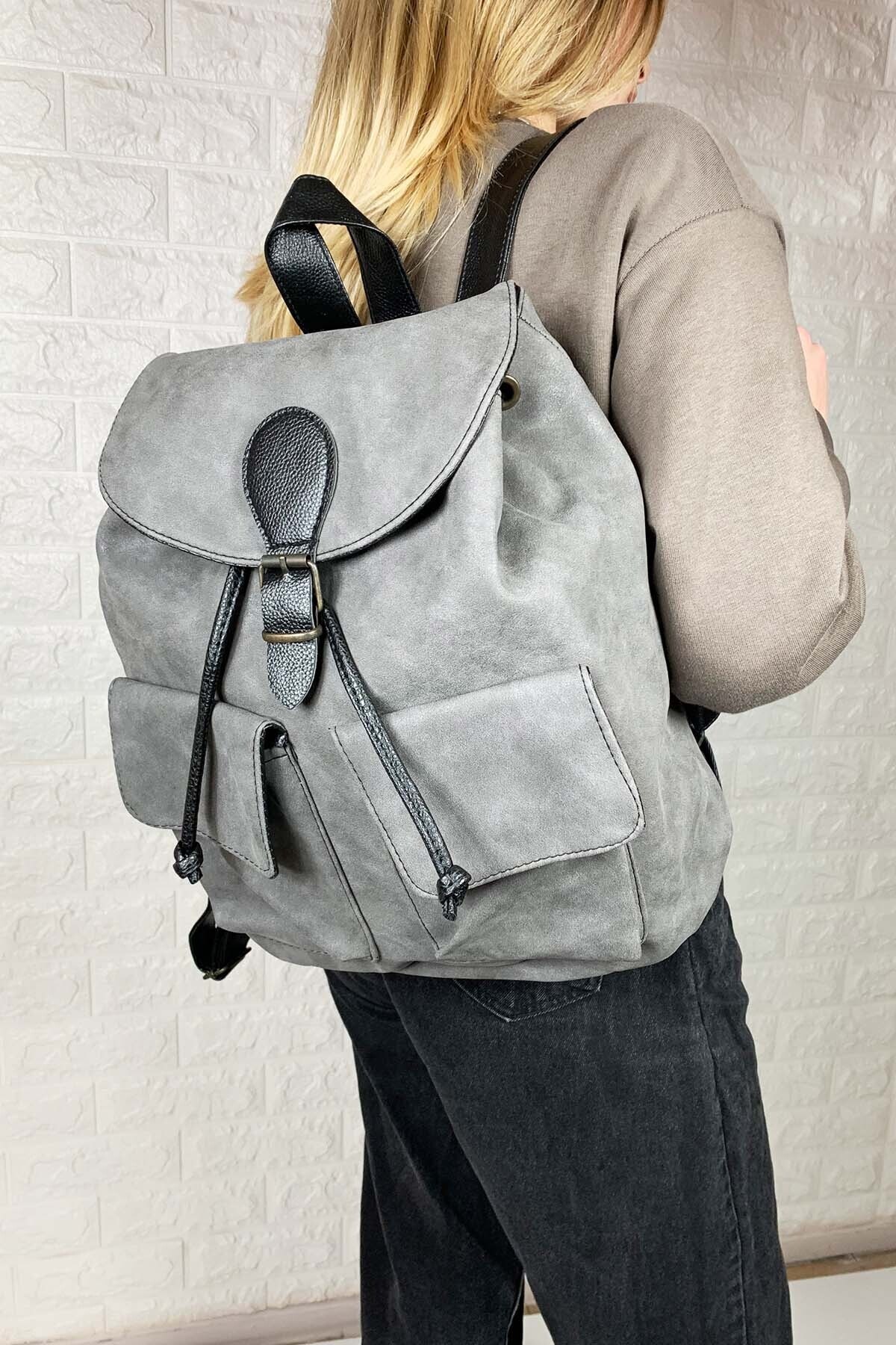 QBAG Alpina Shop Kadın Sırt Çantası Nubuk Deri Gri