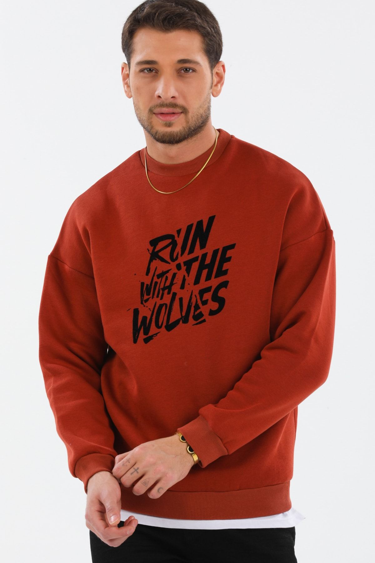Lupin man Unisex Kiremit Renk Oversize Filok Yazı Baskılı 3 Iplik Şardonlu Sweatshirt