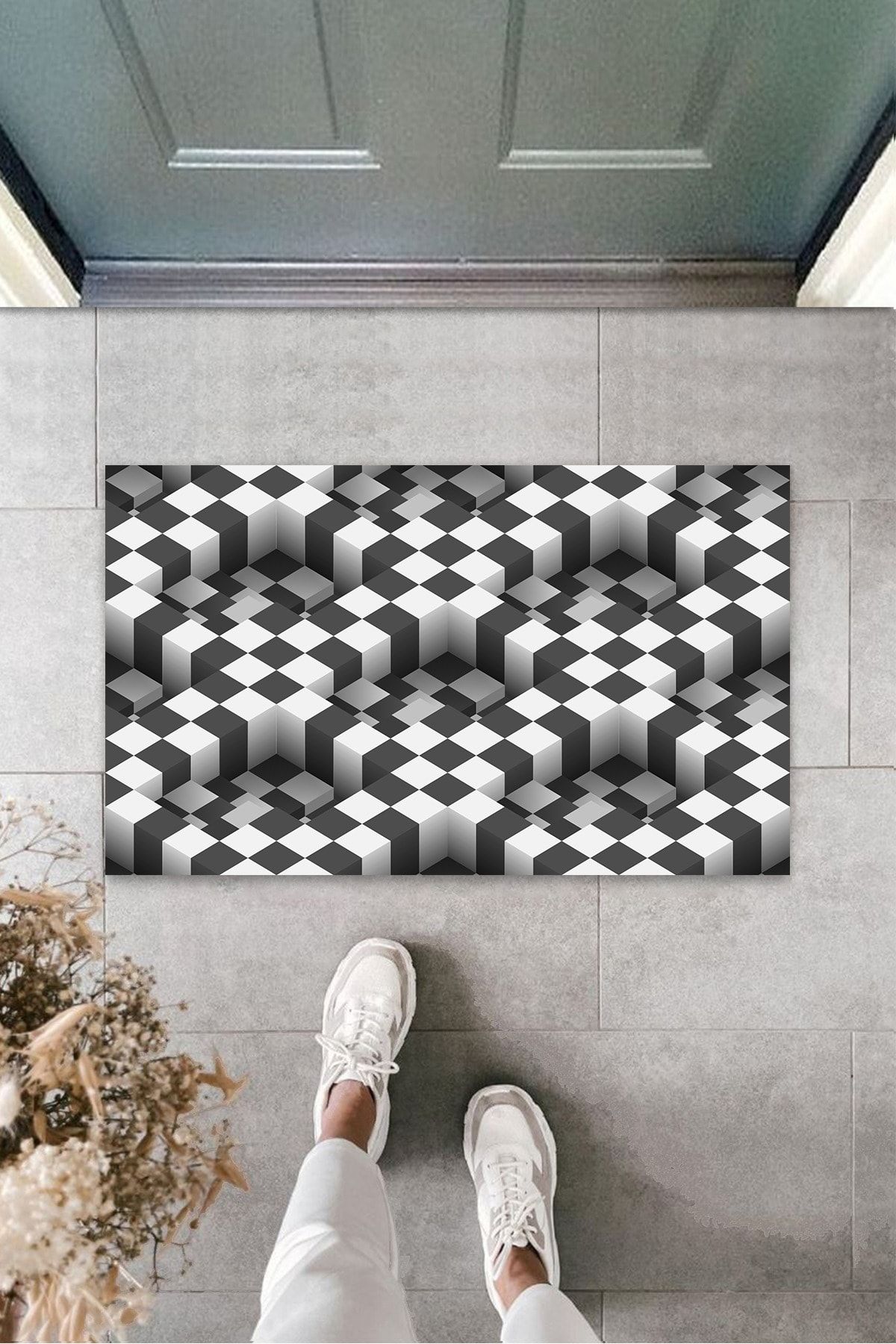 Silkcoat Home Çok Amaçlı Dijital 3d Kare Siyah-beyaz Kapı Paspası Dış Mekan Paspas
