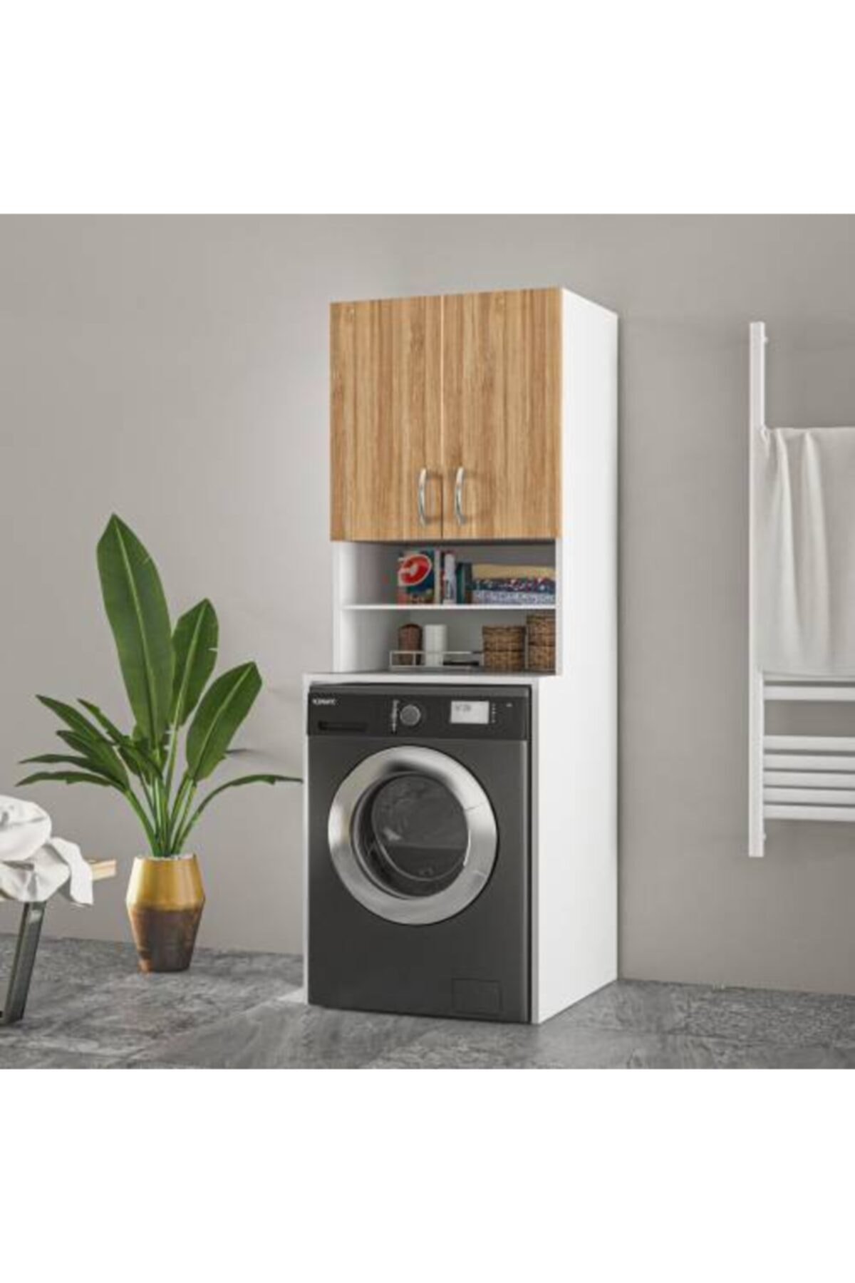 dekorstilim Bambu Kapaklı Çamaşır Makinesi Banyo Dolabı