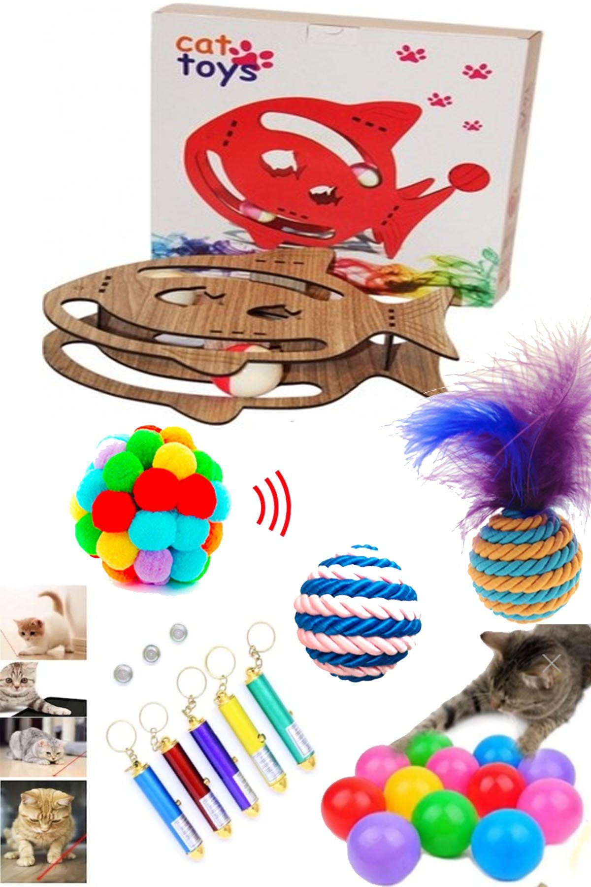 PAMEPAW Kedi Balık Oyuncak , Kedi Ip Sarma Top ,tüylü Top , Ponpon Top , Lazer ,renkli Top , Kedi Oyun Seti