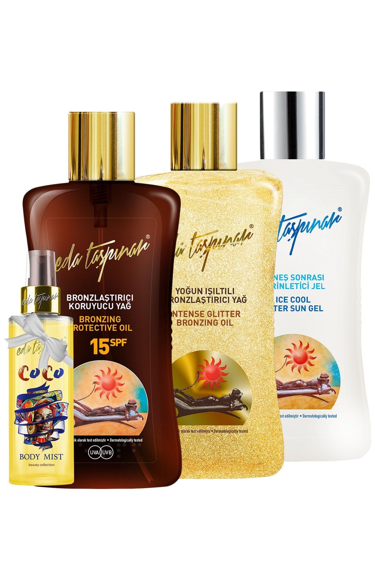 Eda Taşpınar Bronzlaştırıcı Koruyucu Yağ Işıltılı Bronzlaştırıcı Yağ Serinletici Jel Coco Body Mist