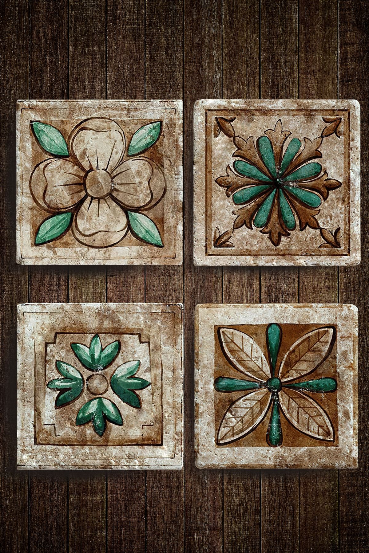 Begoloni Baskılı Doğal Taş Bardak Altlığı 4'lü Set 10x10x1 Cm Hint Desen