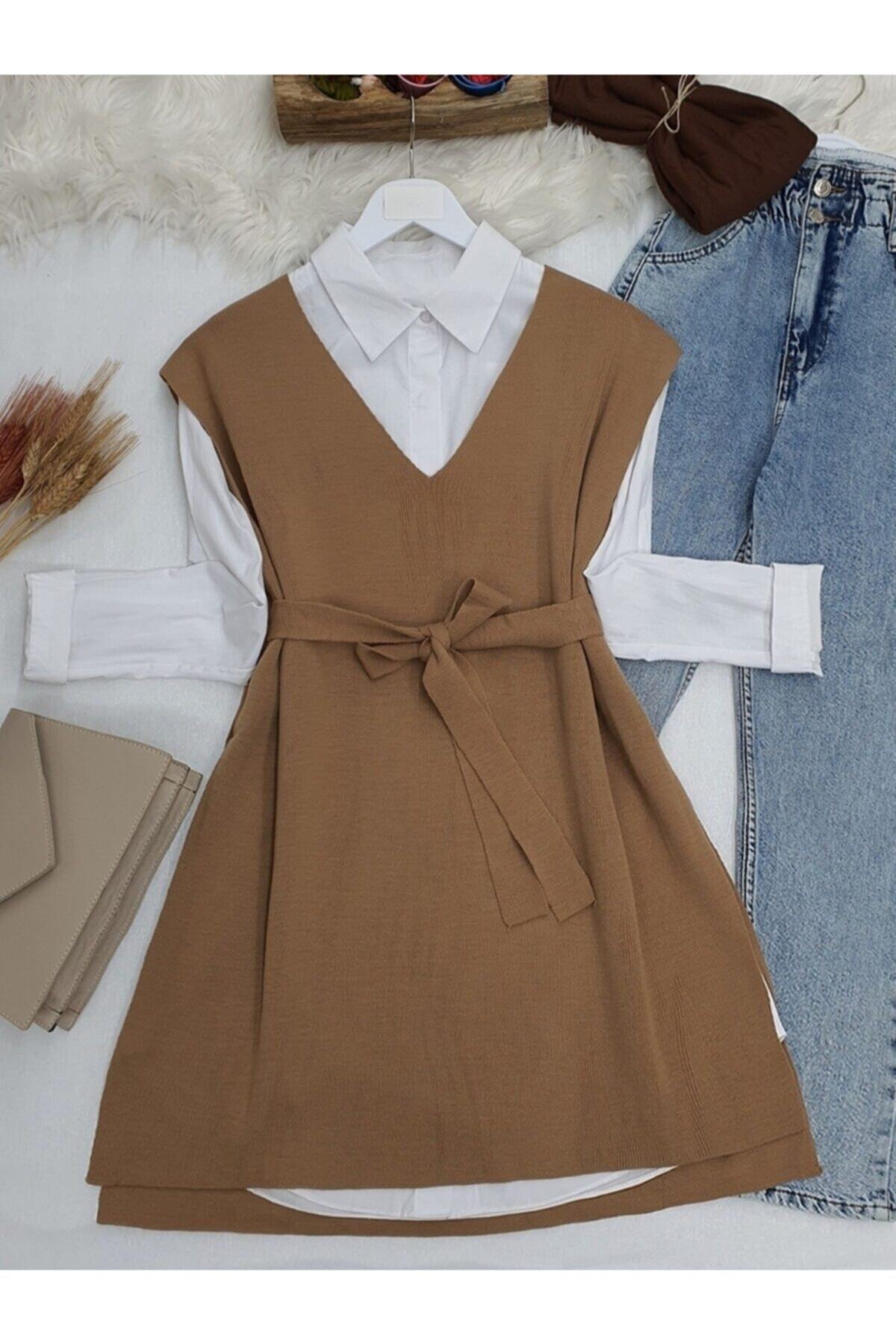 ÖZMODA Kadın Kemerli Triko Süveter Vizon