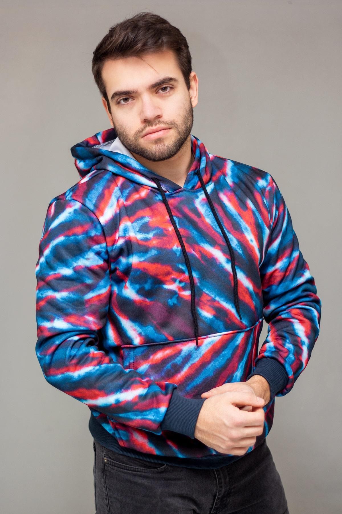 Azıcık Akıllı Erkek Siyah Batik Desen Dijital Baskı Kalın Kapüşonlu Sweatshirt 21eswtonre