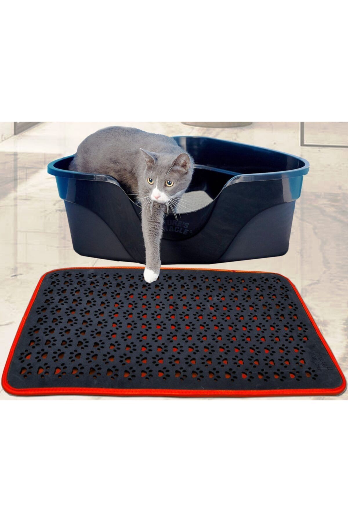 skyinn Kedi Kumu Paspası Kırmızı Kedi Tuvalet Önü Elekli Paspas Yıkanabilir Silinebilir 70x50 Cm