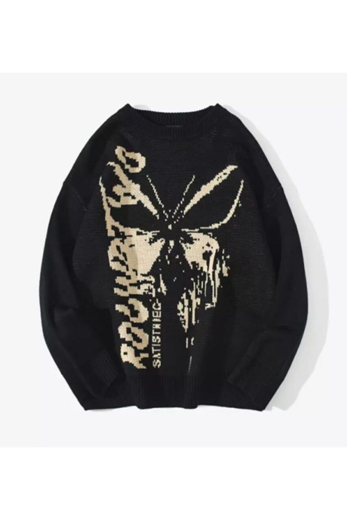 Touz Moda Harajuku Butterfly Oversize Siyah Kazak