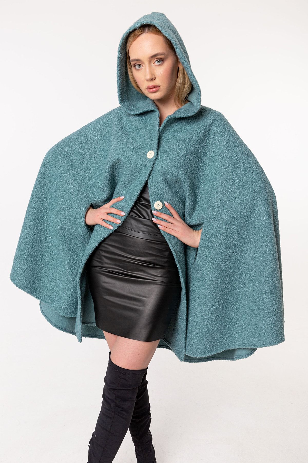 Laranor Nil Yeşili Kapüşonlu Oversize Kaşe Pelerin