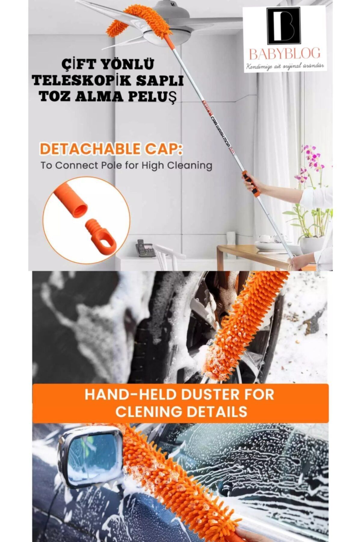 babyblog Çift Yönlü Telekopik Saplı Yüksek Katlı Tavan Toz Alma Peluşu Mikrofiber Araba Yıkama Fırçası