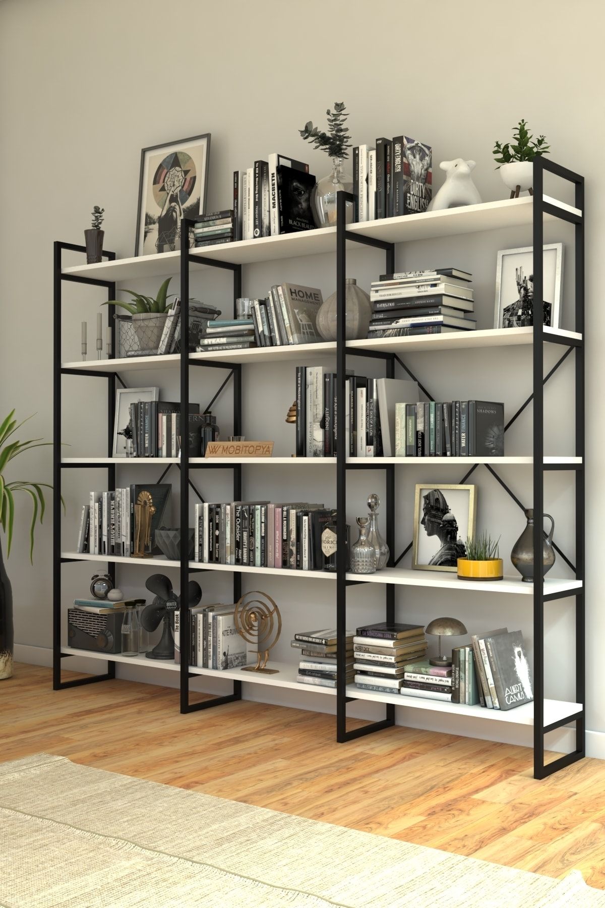 Mobitopya Nilamu Beyaz 200 Cm Kitaplık, Metal Aksamlı, Açık Raf, Organizer, Ofis, Ev, 5 Raflı Kitaplık