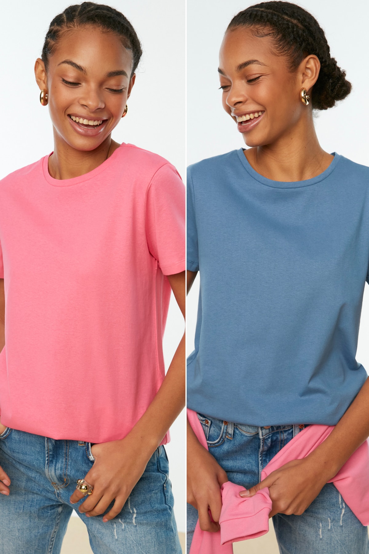TRENDYOLMİLLA Indigo-Pembe %100 Pamuk Süprem Bisiklet Yaka 2'li Paket Örme T-Shirt TWOSS20TS0141