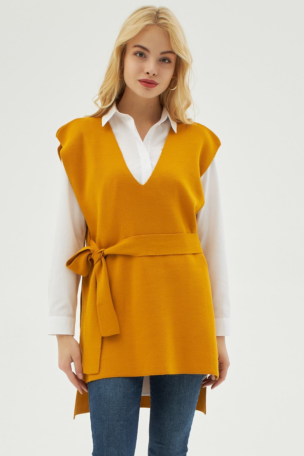 Pattaya Kadın Hardal V Yaka Kuşaklı Triko Süveter P21w110-00564