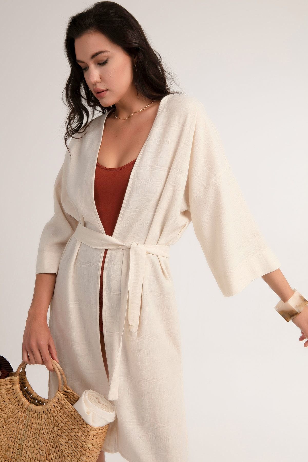 Pattaya Kadın Krem Kırçıllı Kimono P21s201-5959