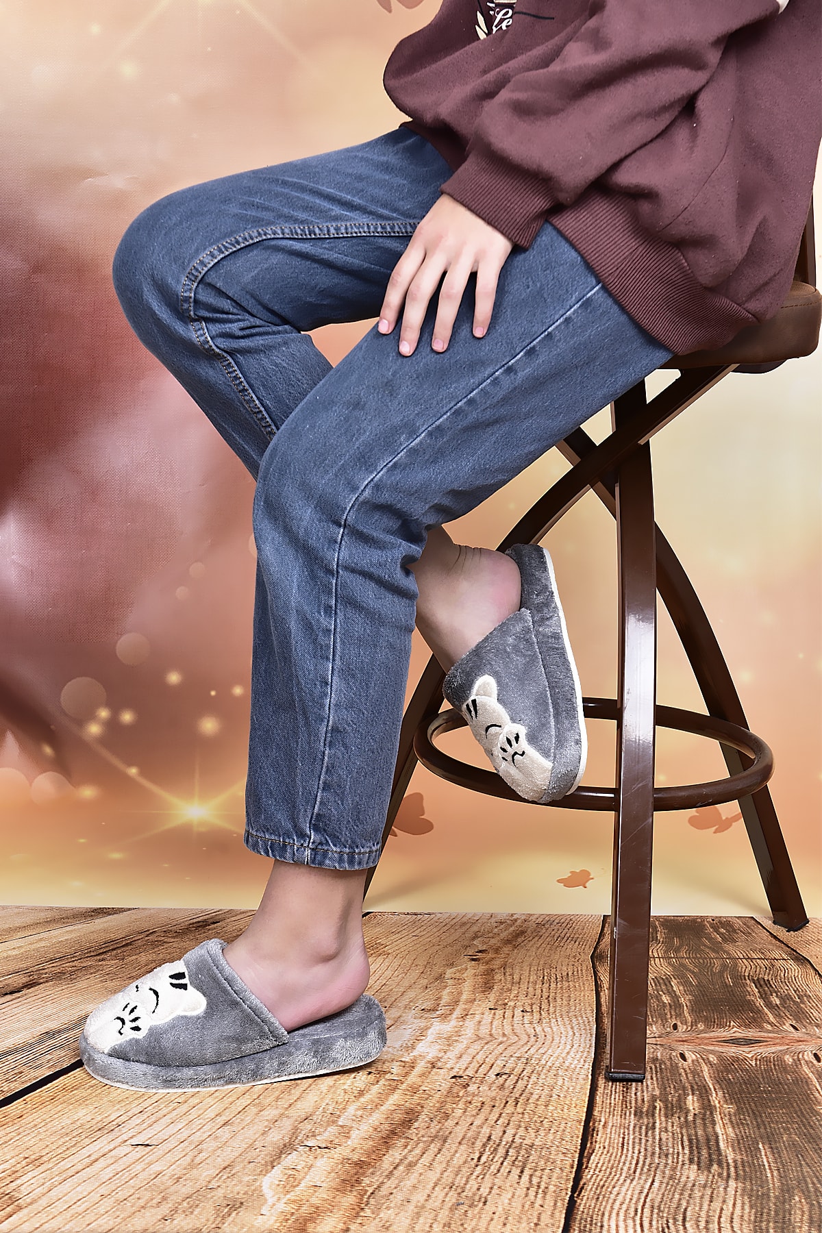 FM Shoes Kedi Desenli Gri Kışlık Kadın Panduf