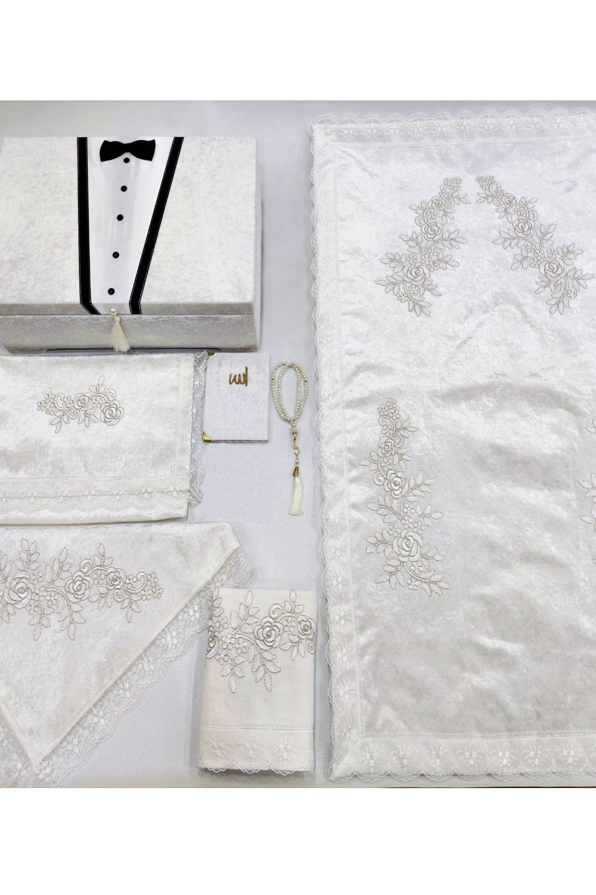 Çt Çeyizci Tekstil Damat 7 Parça Sandıklı Seccade Takımı Kadife Bohça Seti - Krem