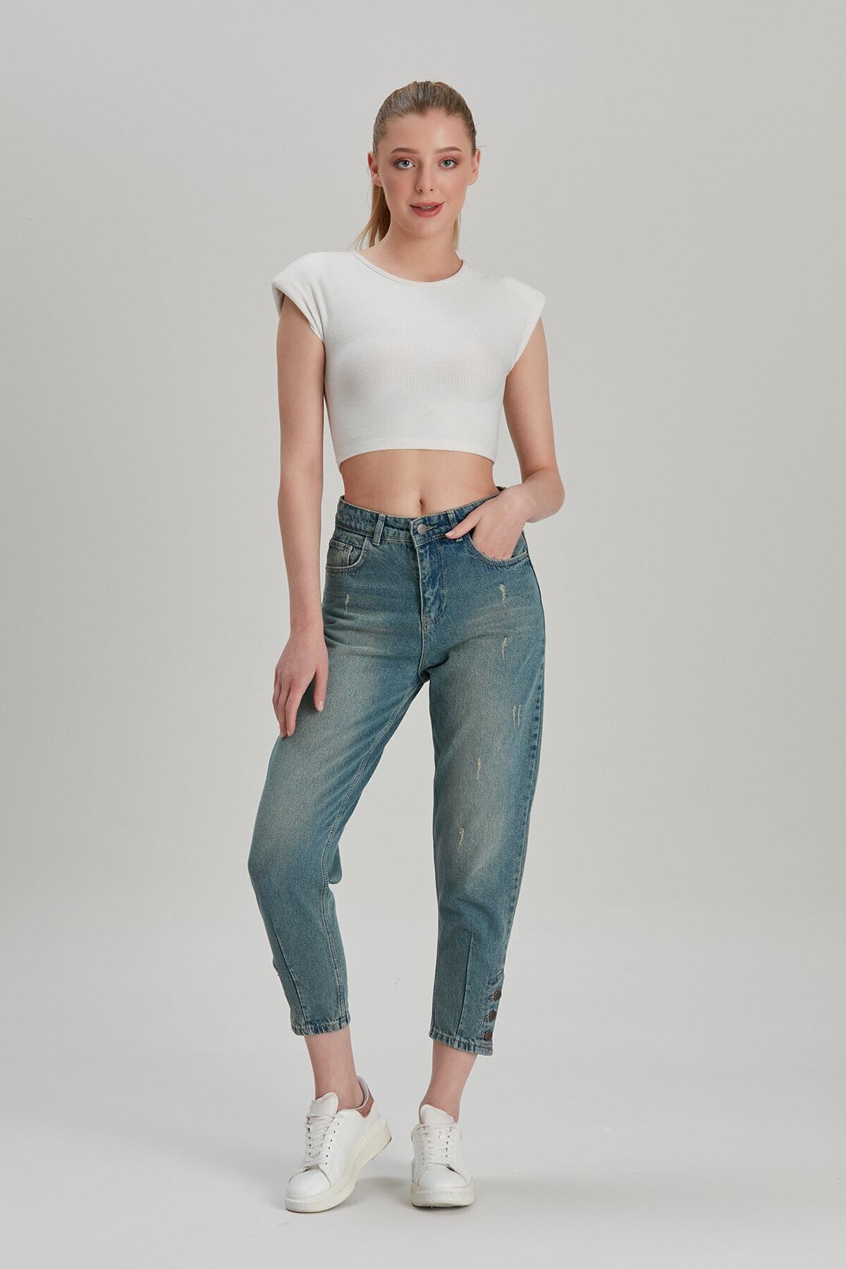 Modaca Paça Düğme Detay Eskitmeli Mom Jean Mavi