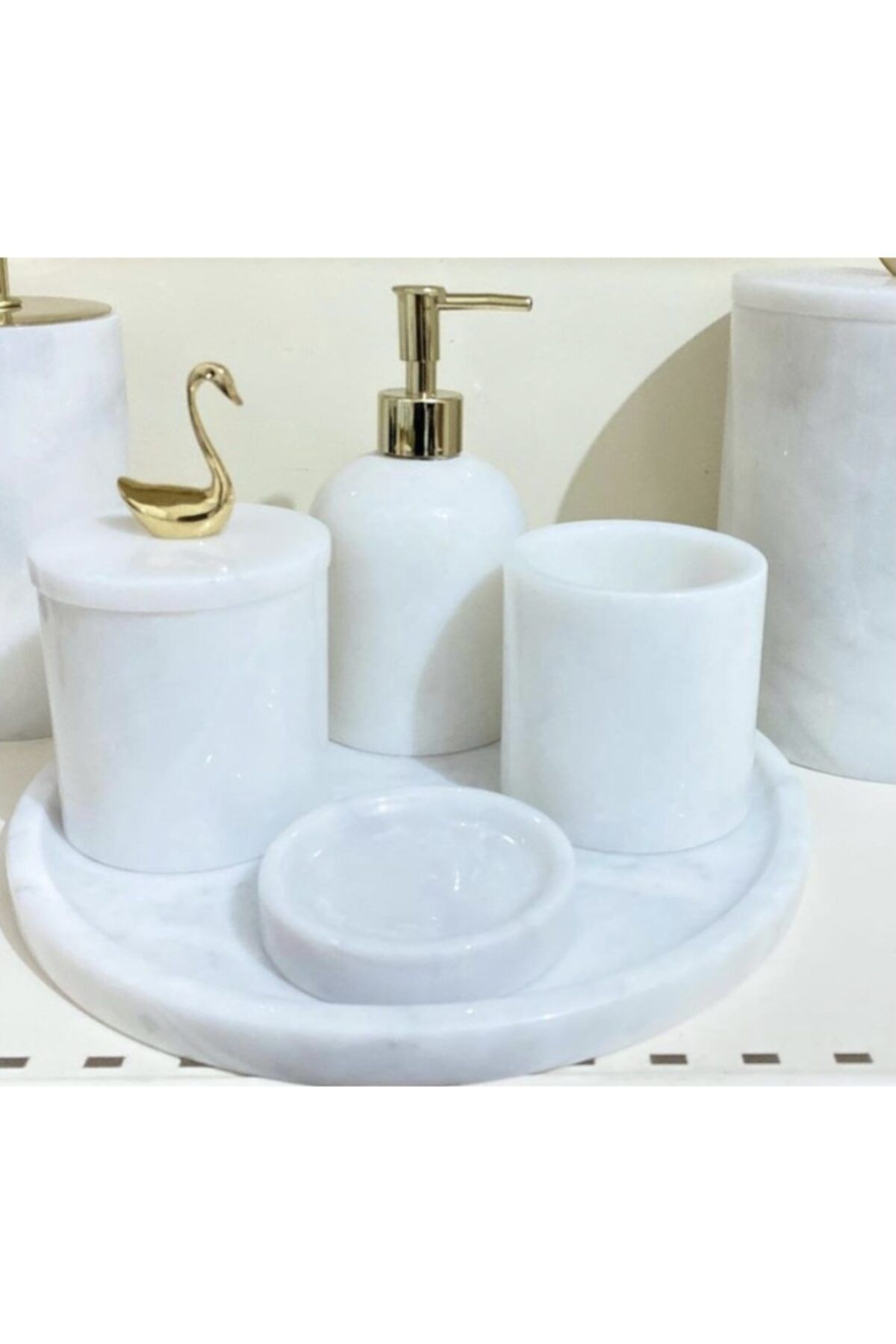 MIARIK DESIGN & DEKORASYON Dekoratif Beyaz Mermer Gold Kuş Kuğu Detaylı 5 li Banyo Seti Takımı