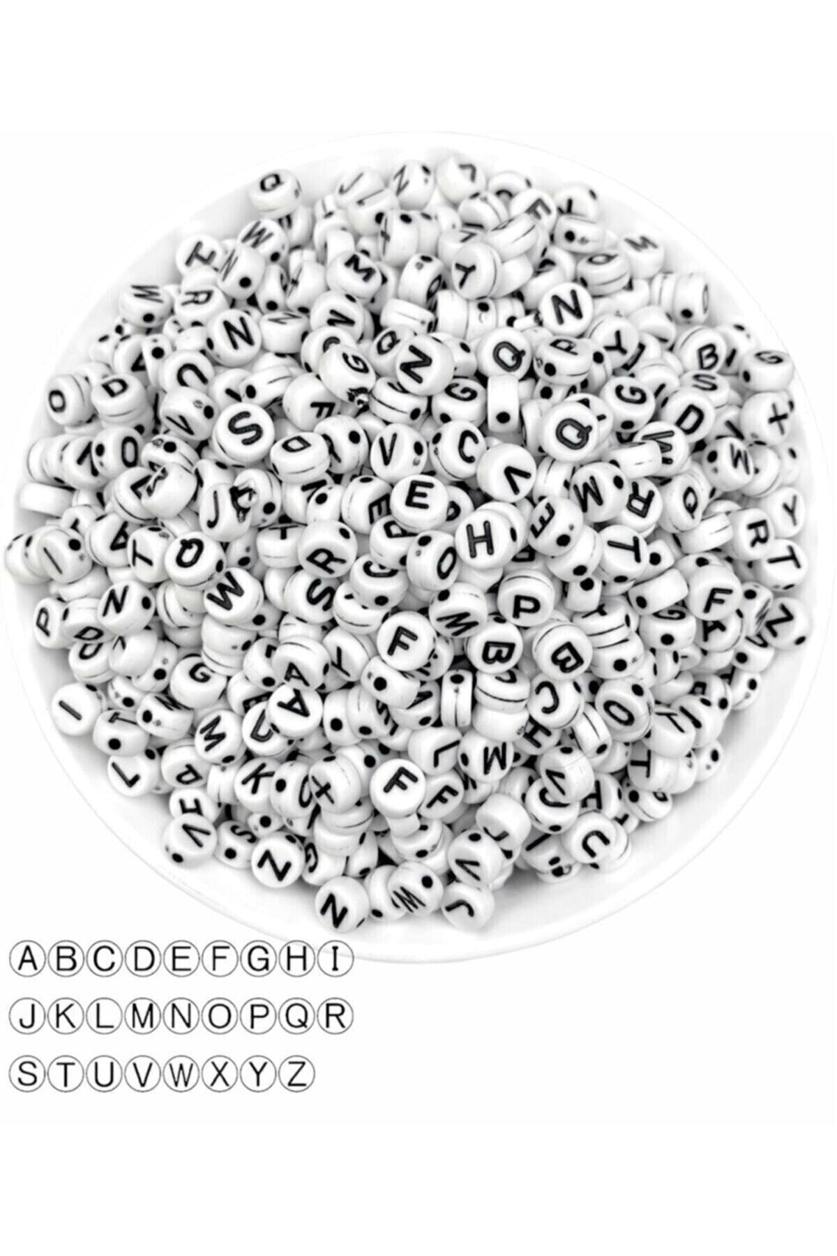 Kezban Tekstil 50 gr Harf Boncuk,4x7mm Yassı Beyaz Üzeri Siyah Harf Boncuk (50GR,  ORTALAMA 375 ADET)