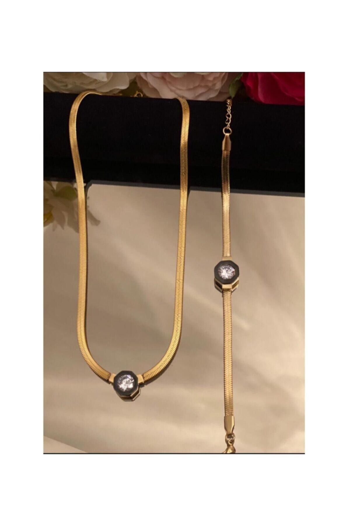 Aren Accessories Kadın Çelik Italyan Yassı Tektaş Zincir Kolye Bileklik Set