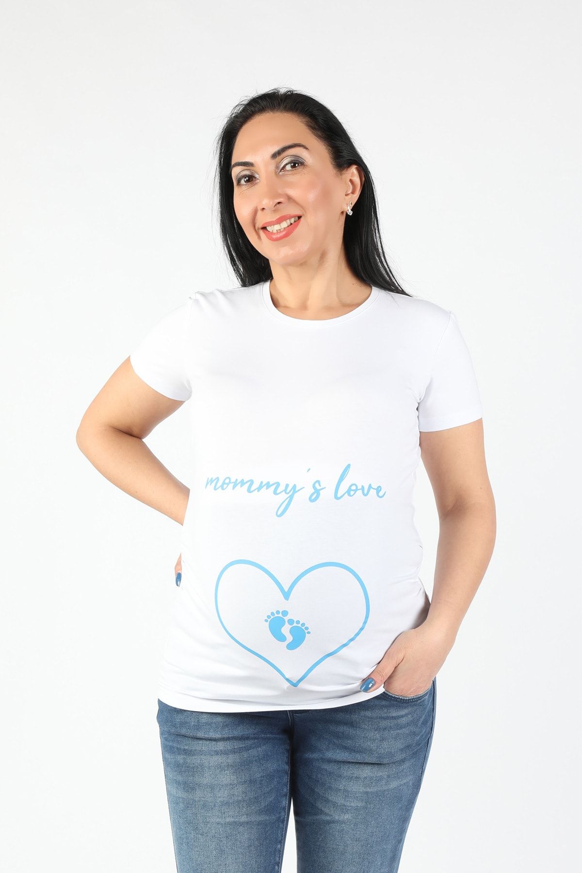 BALİNS Beyaz Mavi Hamile Mommy Love Tişört