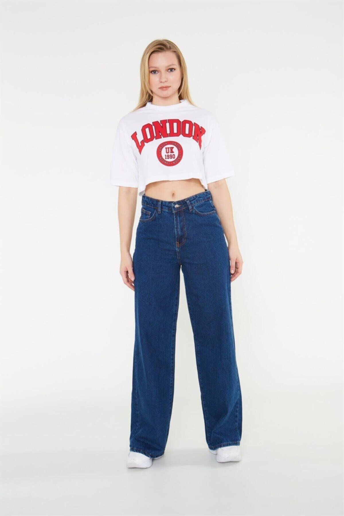 The Champ Global Kadın Koyu Mavi Yüksek Bel Geniş Paça Wide Leg Jeans Pantolon