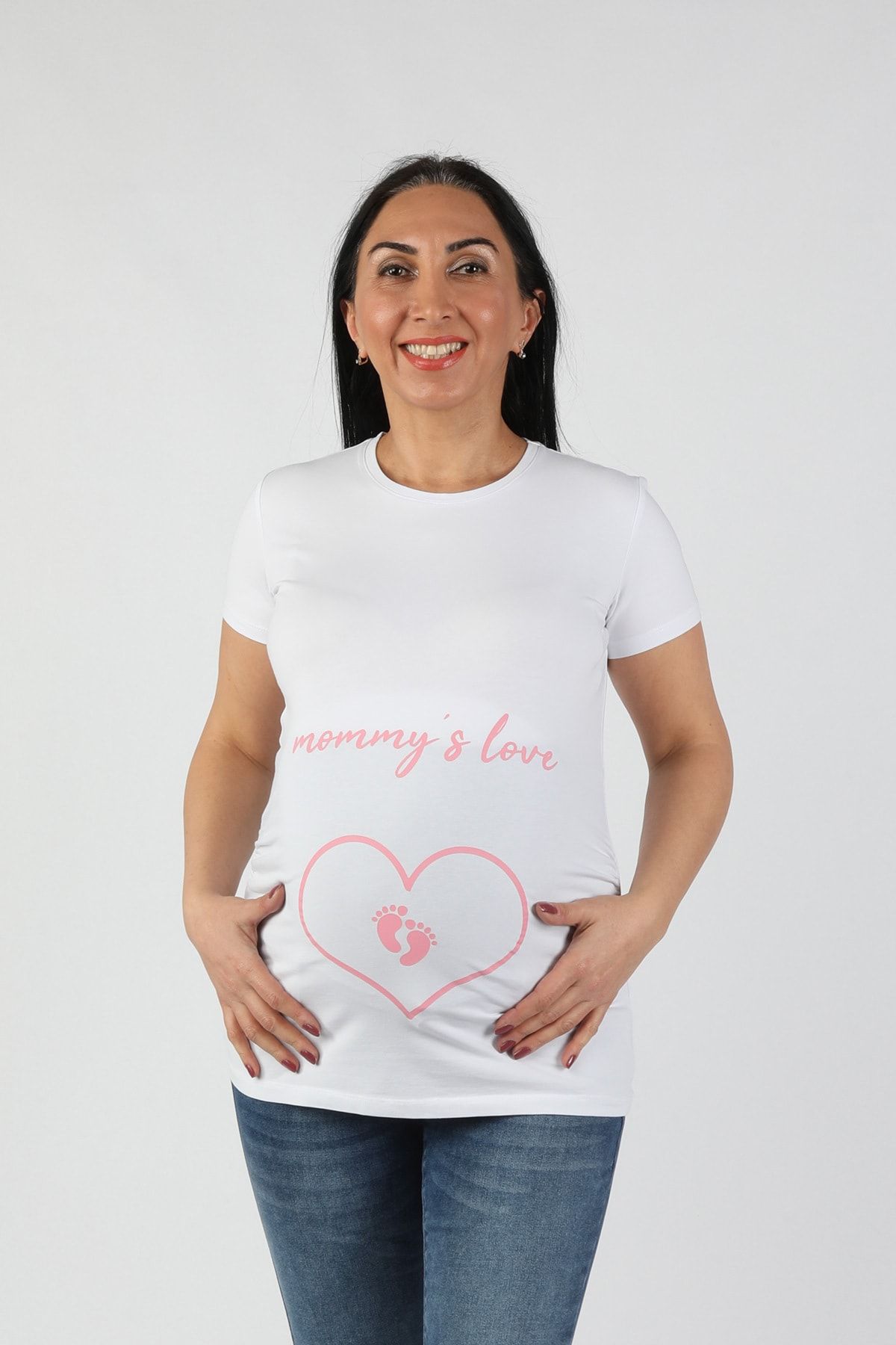BALİNS Kadın Beyaz Hamile Mommy Love Baskılı T-Shirt