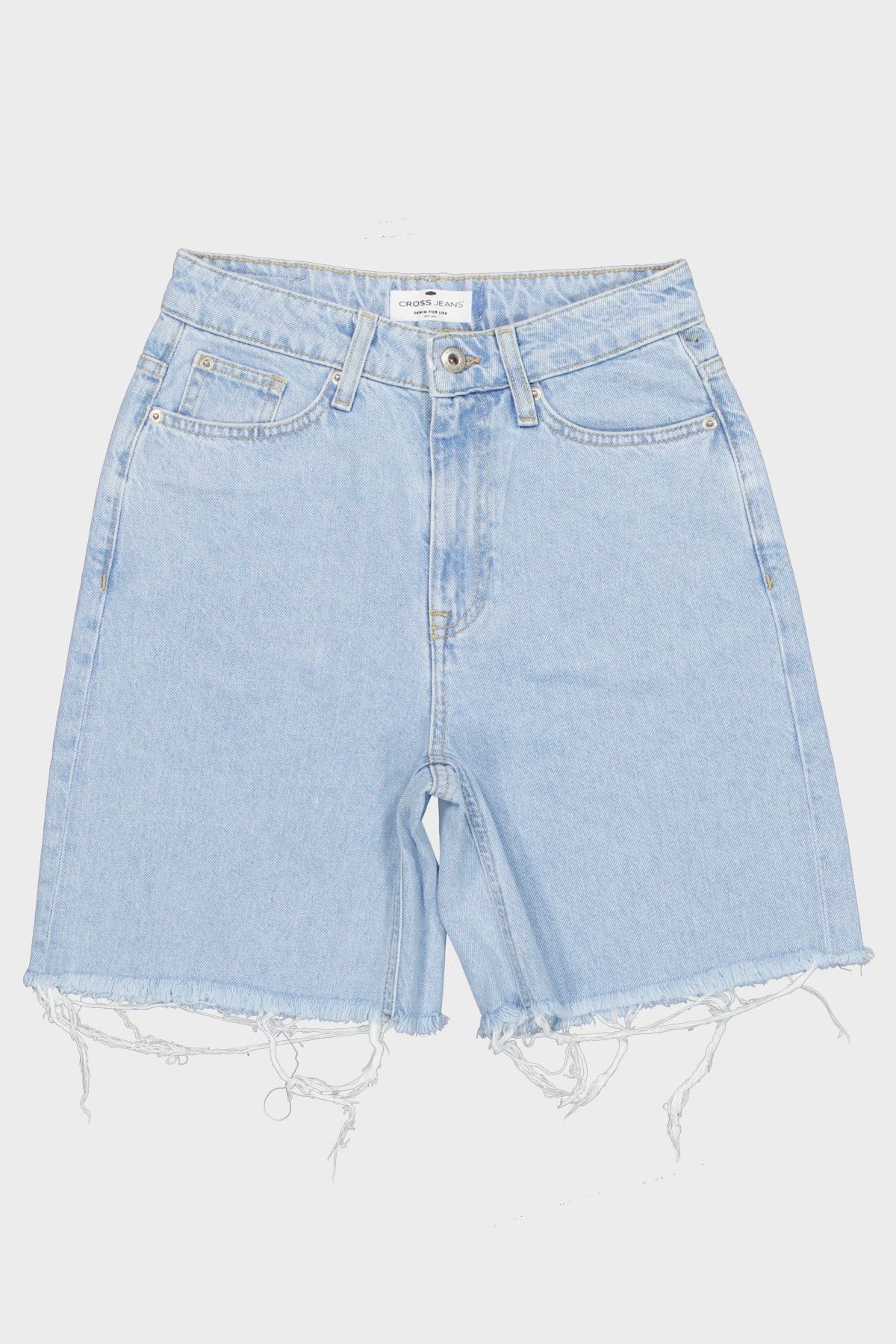 CROSS JEANS Kadın Mavi Yüksek Bel Paçası Kesikli Fermuarlı Jean Şort C 4534-038
