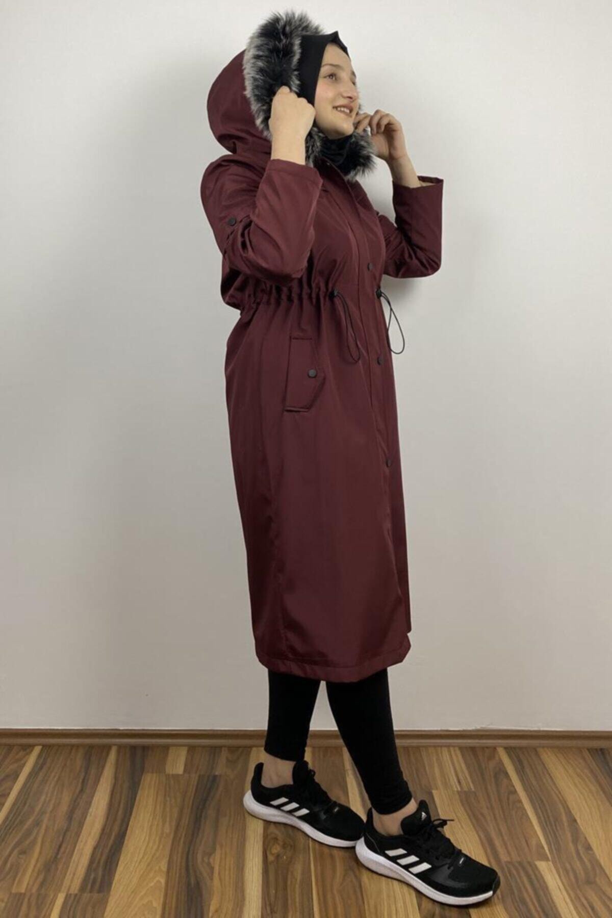 Deneme Kabinim Tesettür Bondit Kumaş Beli Lastikli Kapüşonlu Içi Kürklü Mont Bordo