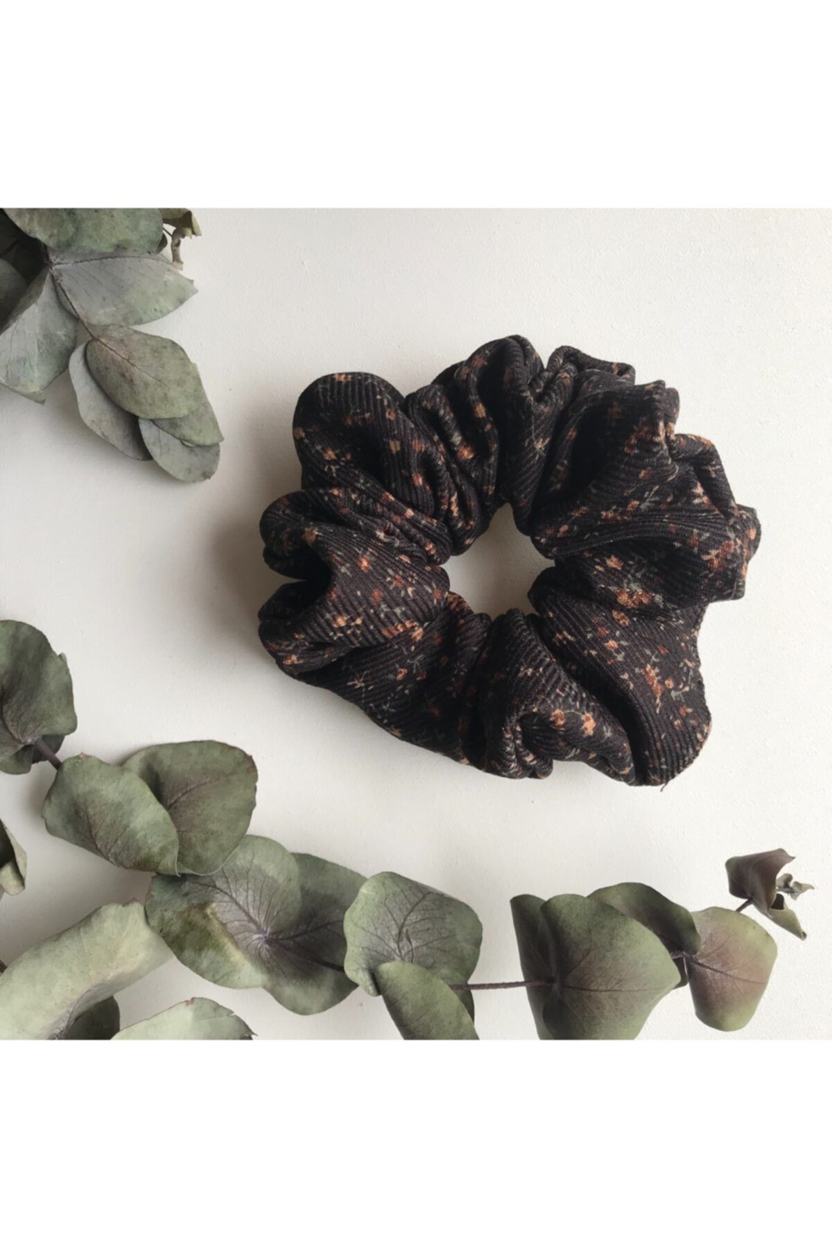 Vişne Scrunchies Çiçek Desenli Kahverengi Lastik Toka