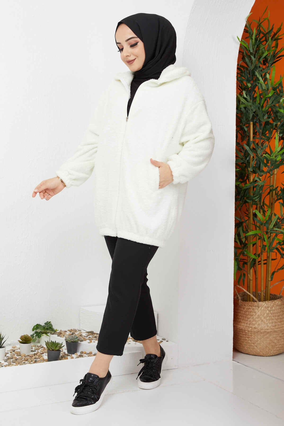 İmajButik Fermuarlı Peluş Hırka/beyaz