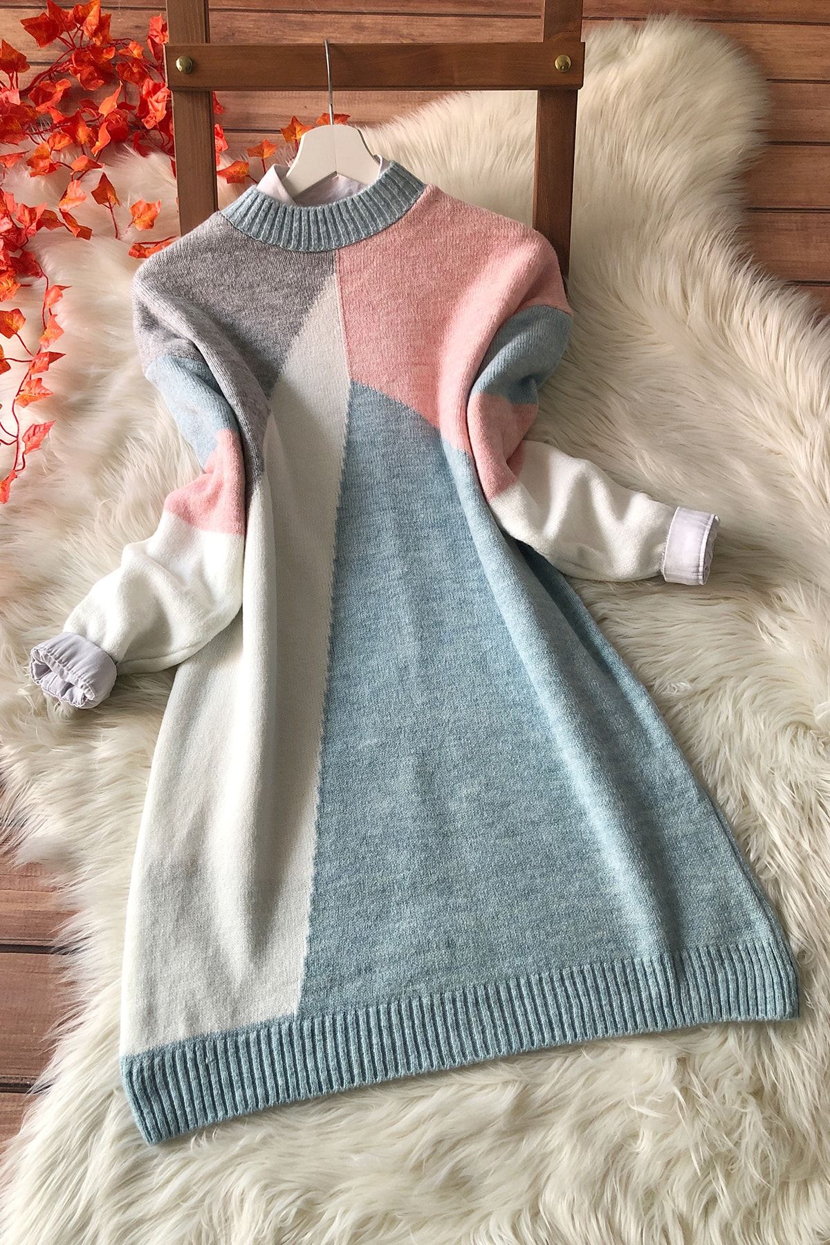 MODAQU Parça Renkli Yumoş Kazak Tunik  Mint