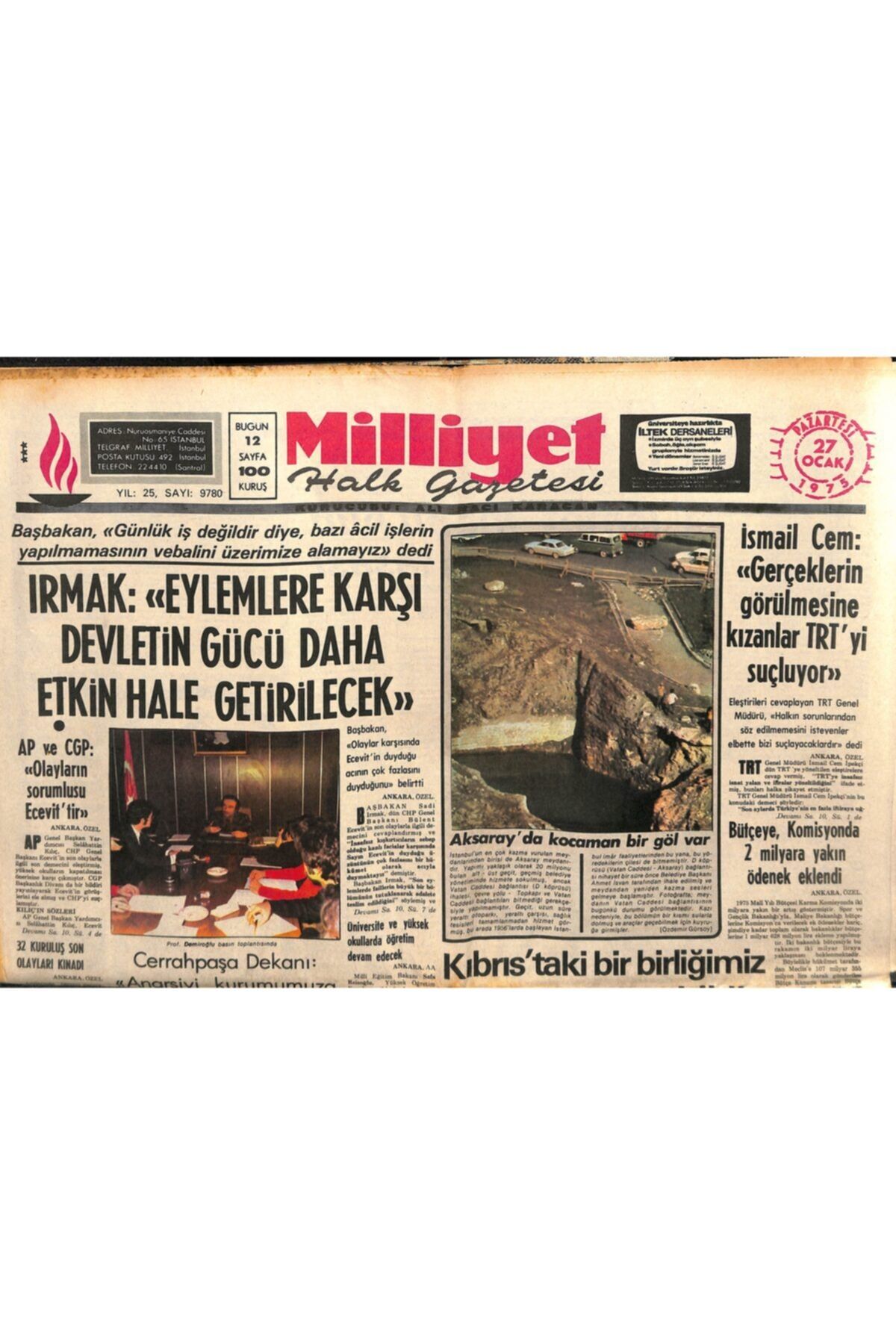 Gökçe Koleksiyon Milliyet Gazetesi 27 Ocak 1975 - Kıbrıs'taki Bir Birliğimiz Mersin'e Getirildi