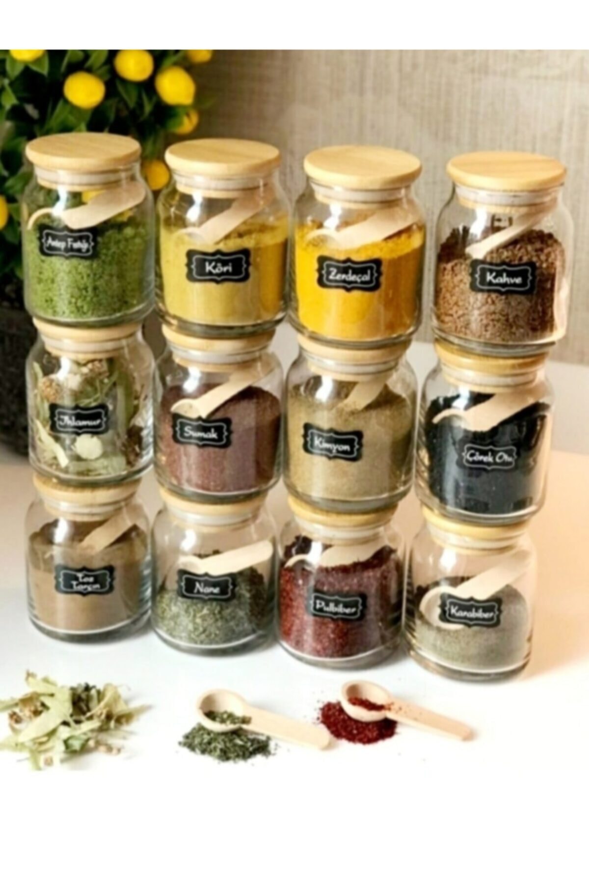 Işıltı My Home Ahşap Kapaklı 300 ml 12 Adet Cam Baharat Seti Vakumlu Etiketli Kaşıklı 24 Parça