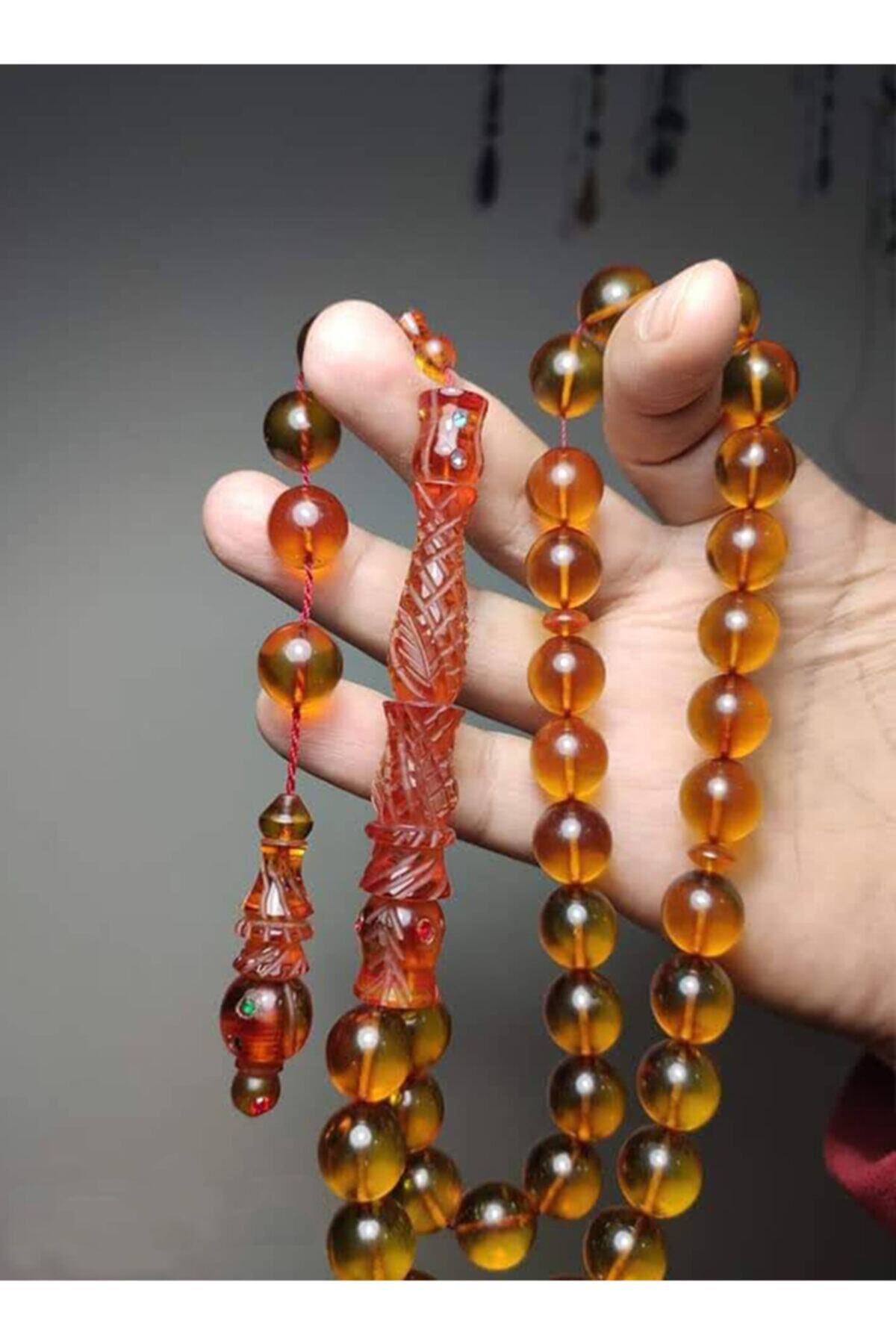 Kupamex 13 X 13mm Imame Hitame Kalem İşcilikli Mine Işlemeli Ateş Kehribar Tesbih