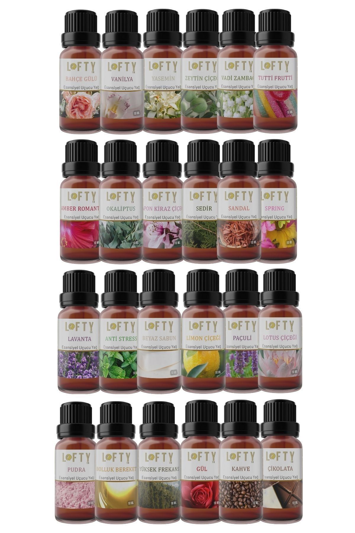 Lofty 24'lü Set Doğal Uçucu Yağ Saf Buhurdanlık Esansı Oda Kokusu Esans Buhur Yağı 10ml