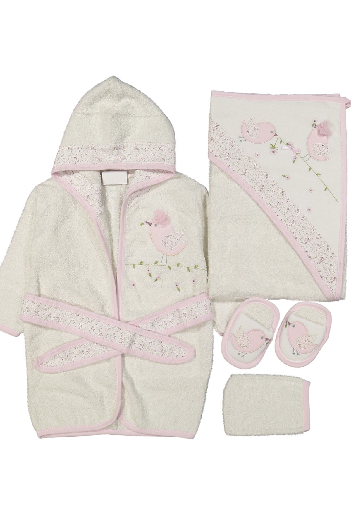 Melekpare Kız Bebek Minik Kuş 4 Parça %100 Pamuk Bebek Bornoz
