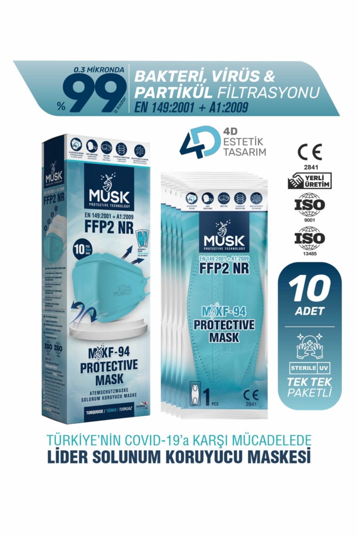Musk Kf94 Kore Tipi Ffp2 Maske Turkuaz Renk 10 Adet