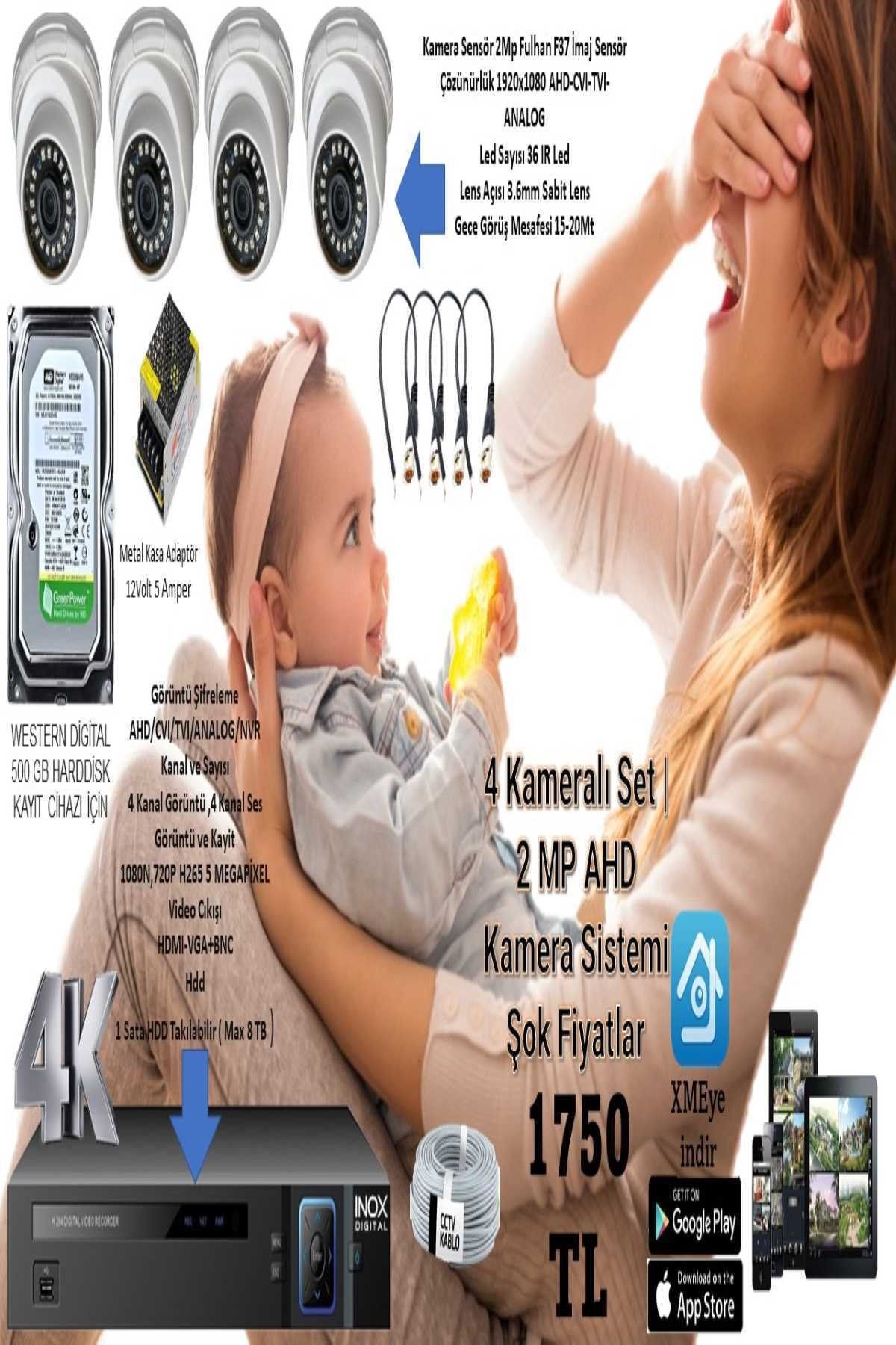 ilke güvenlik 4 Kameralı Set 2mp Ahd Dome 500 Gb Hdd Dahil Güvenlik Kamera Seti