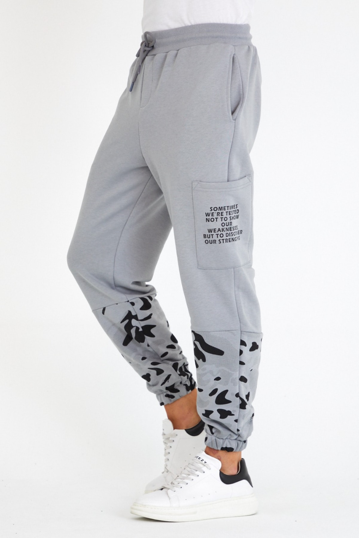 BREEZY Gri Unisex Regular Pamuklu Kamuflaj Baskılı Lastik Pace Yan Cepli Eşofman Ss