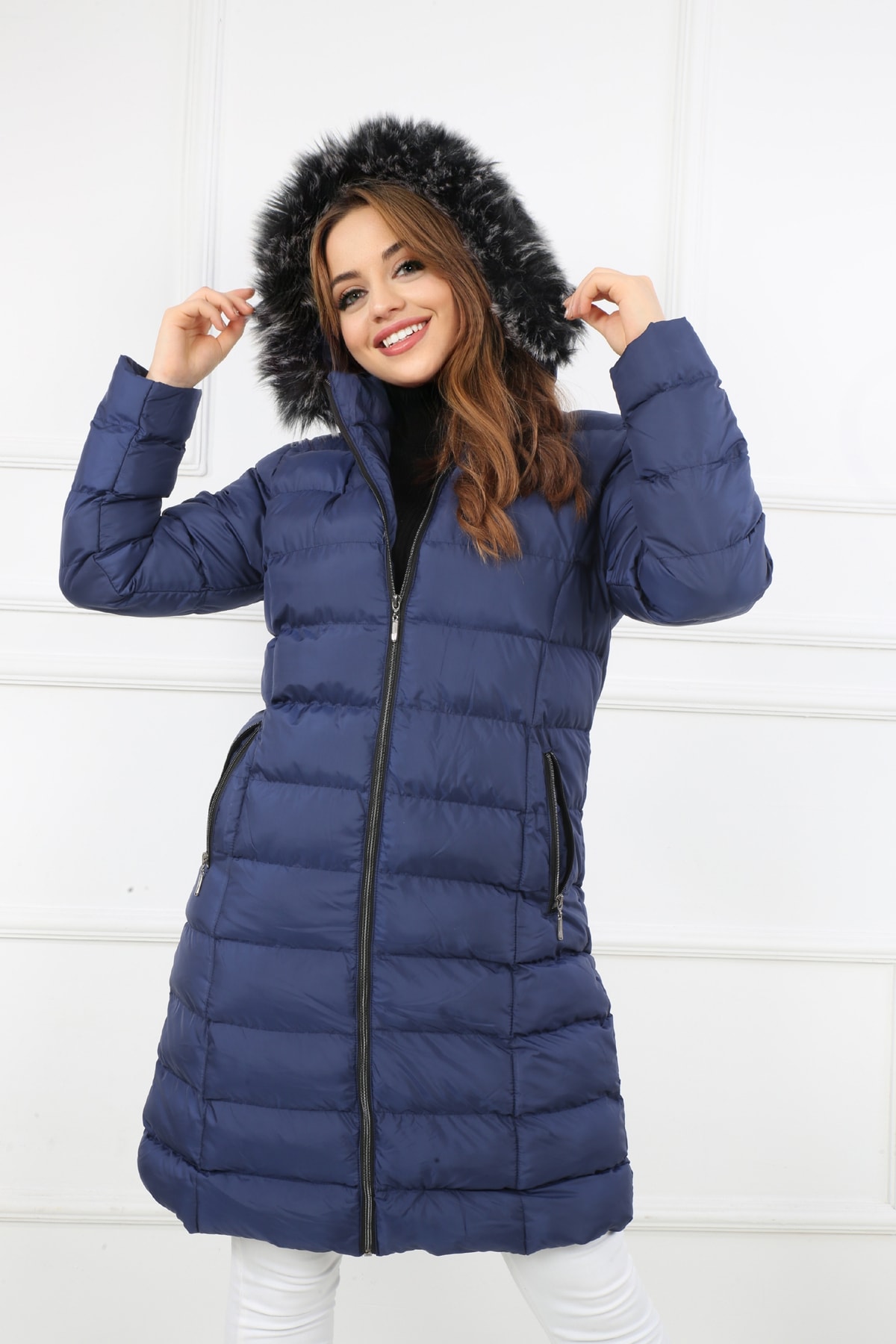 S&V TEKSTİL Kadın Lacivert Şişme Uzun Mont Kaban