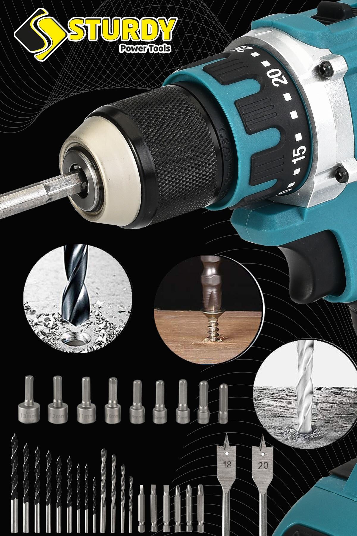 Sturdy Japon Techn 2022 Seri 36vf 5ah G8 Çelik Mandren- Şanzuman Şarjlı Çift Akülü Vidalama 30 Prç Setli