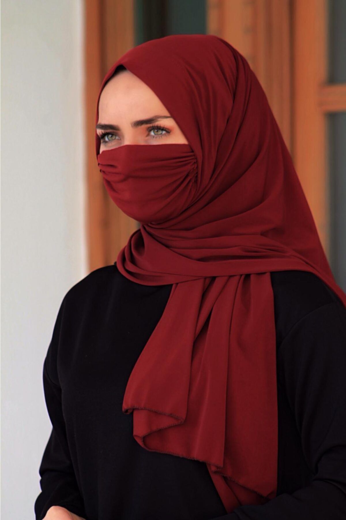 HFM Aksesuar Maskeli Hazır Şal Bordo
