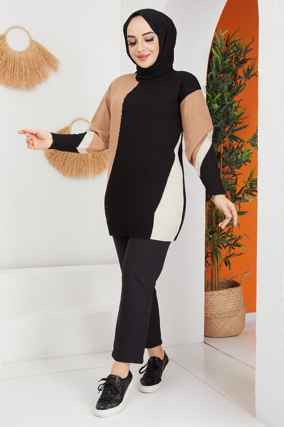 İmajButik Üç Renkli Triko Tunik/camel