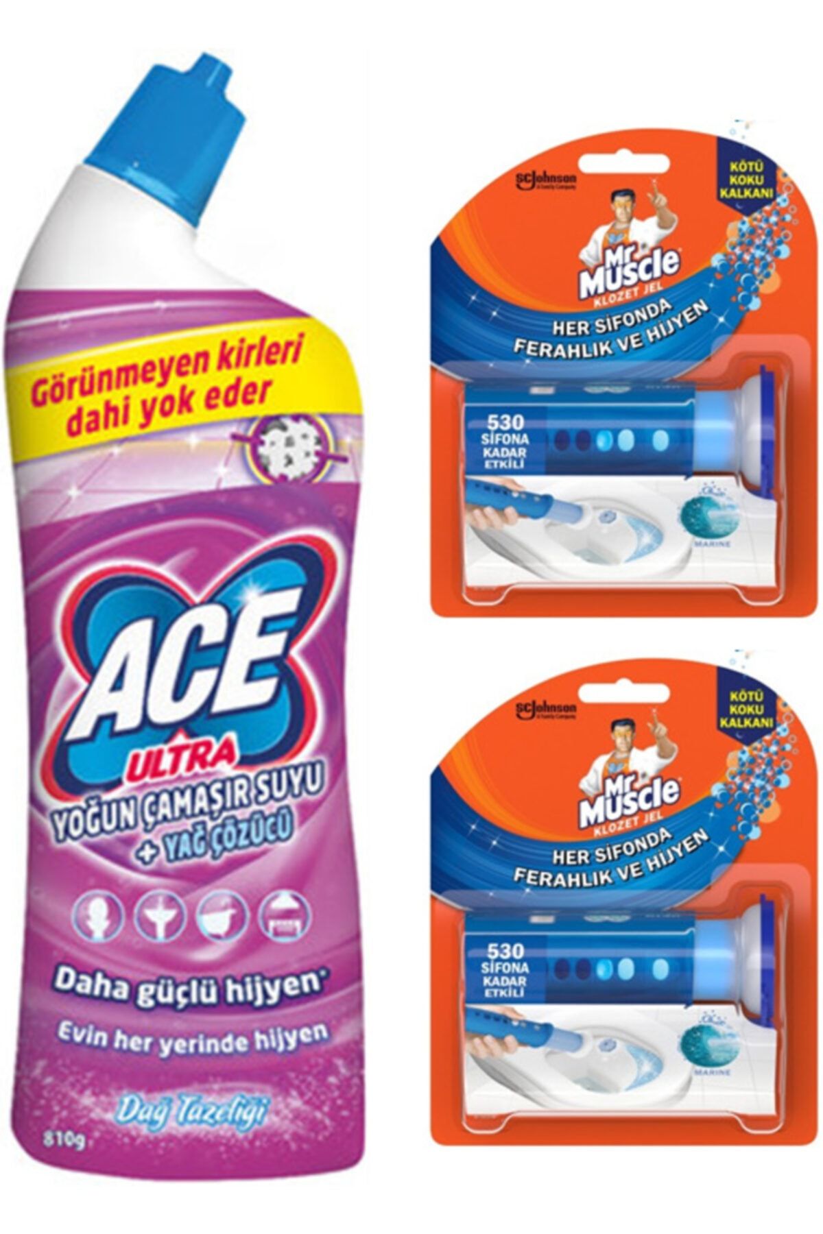 ACE Ultra Power Jel Kıvamlı Çamaşır Suyu Dağ Tazeliği 810g + Mr. Muscle Klozet Jel Marine X 2 Adet