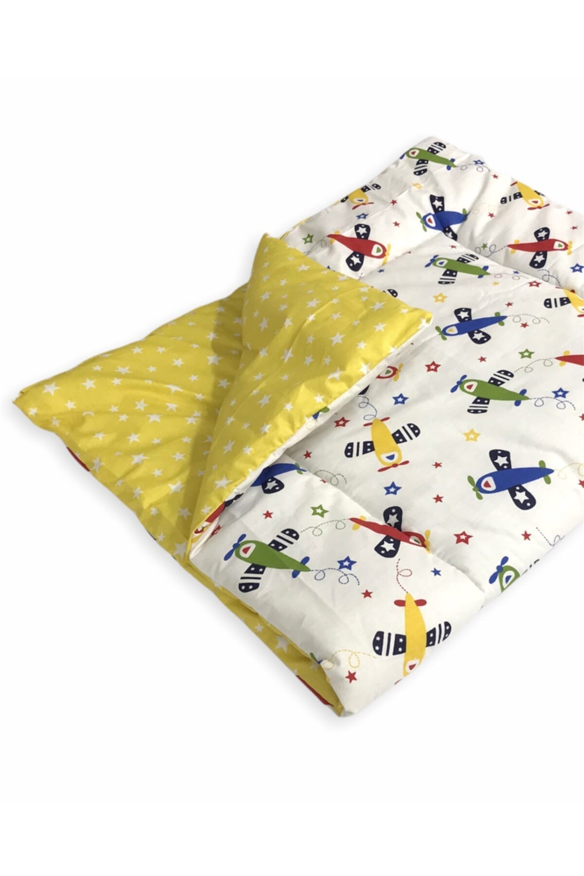 Bebek Özel %100 Pamuk Bebek Çocuk Yorganı 70x120 Cm Ölçülerinde (uçaklı Sarı Yıldızlı)