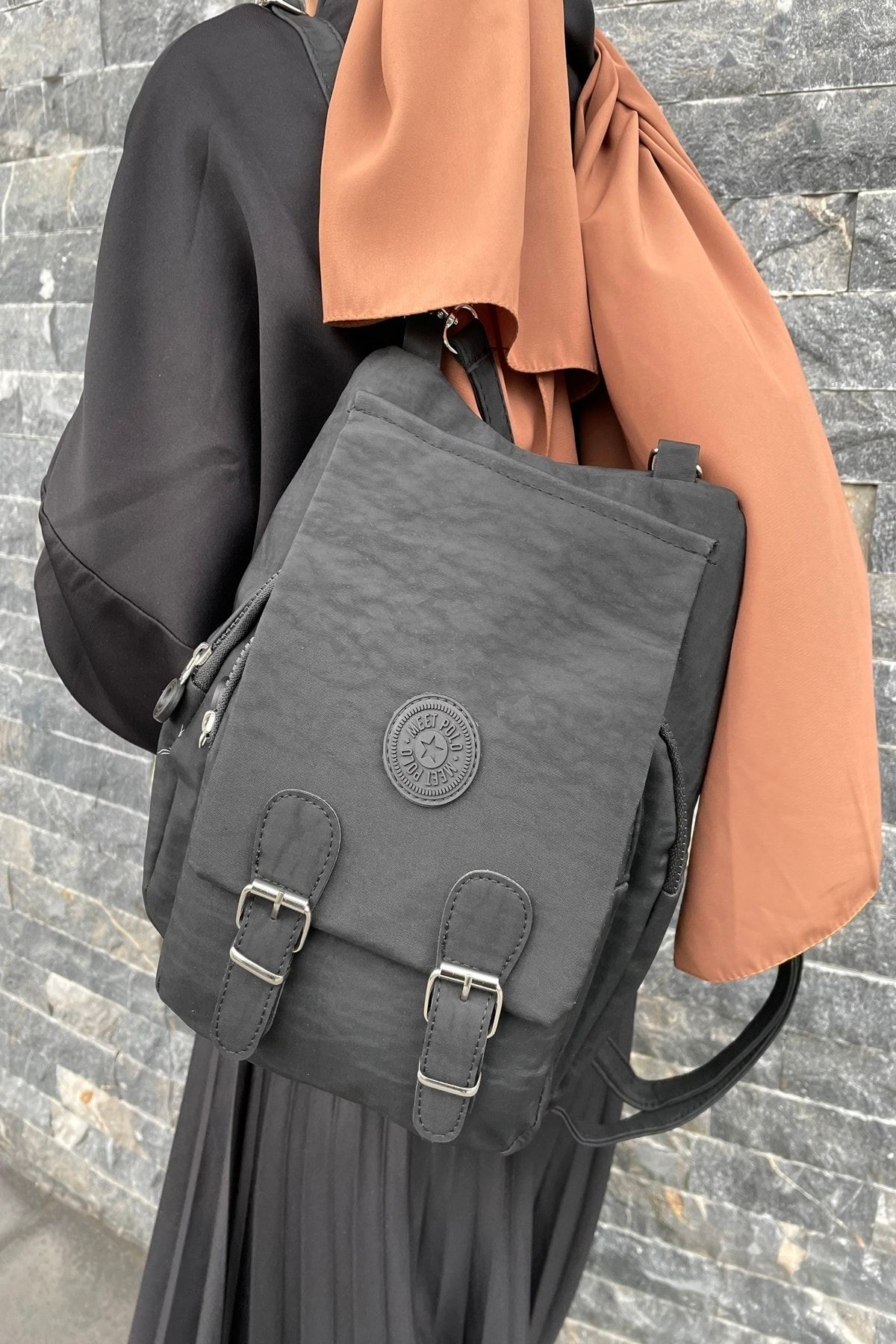 PurpleBags Krinkıl Kumaş Sırt Ve Kol Çantası Siyah