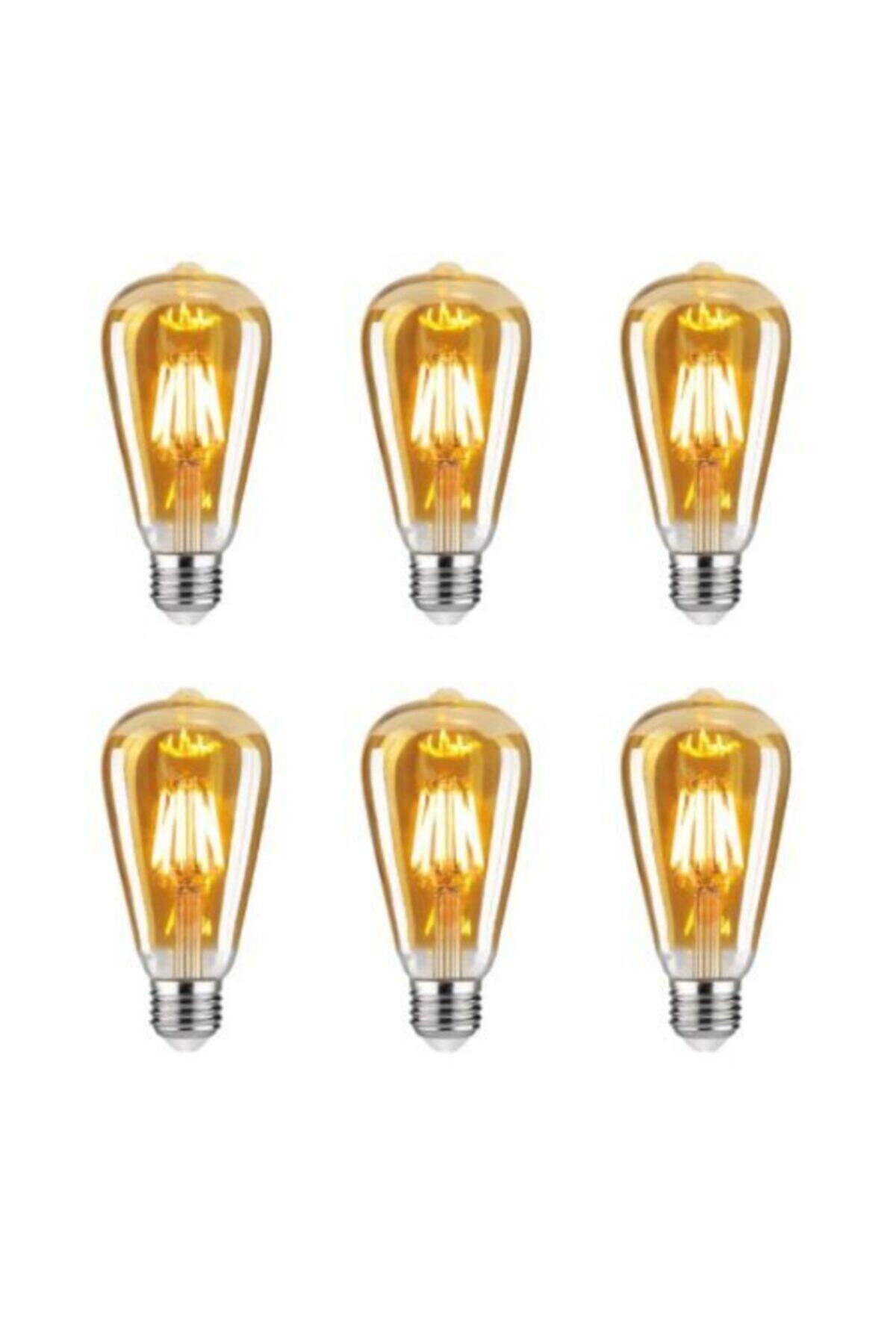 İthal St64 Flamanlı 6w Rustik Led Ampul 6'lı Paket Dekoratif Vintage Aydınlatma