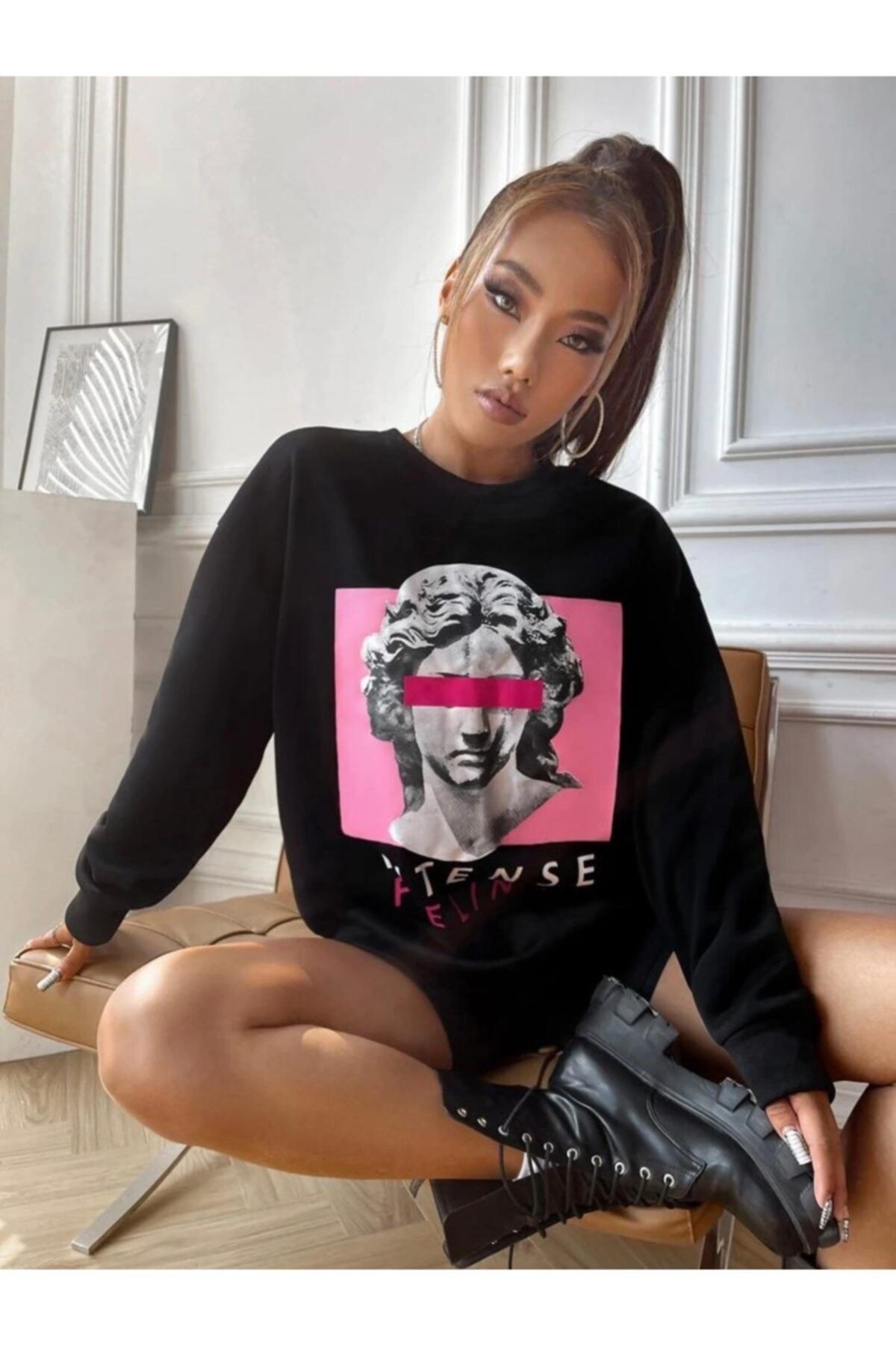 Şans Bisiklet Yaka Kadın Siyah Sweatshirt