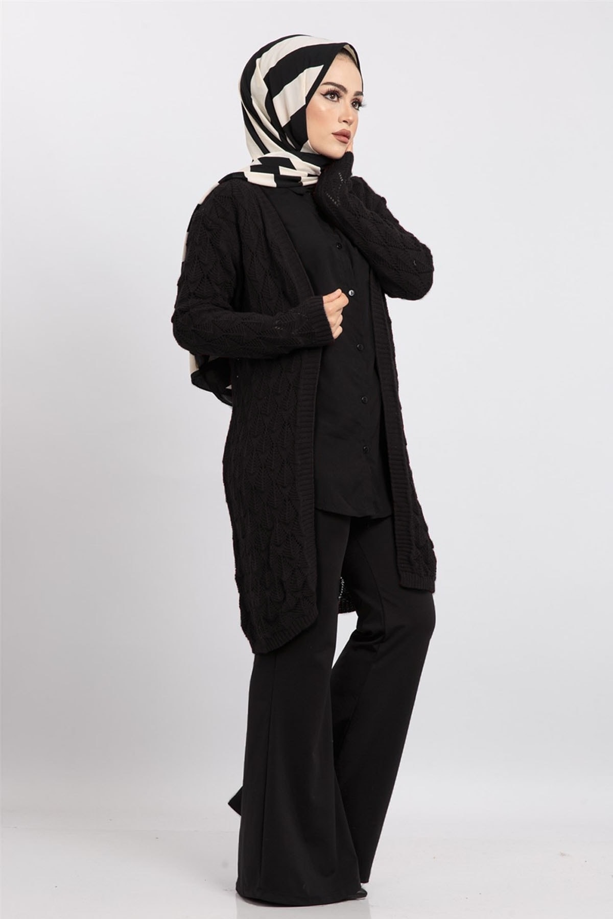 InStyle Baklava Desen 2094 Triko Hırka - Siyah