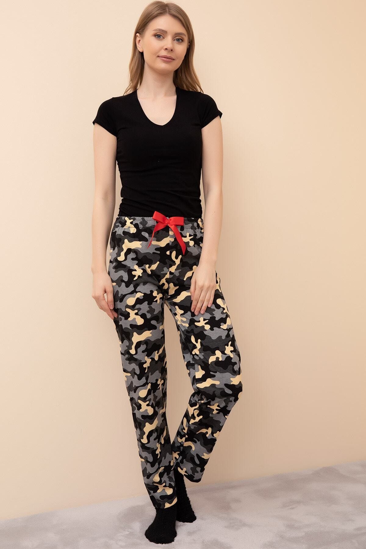 depo tekstil Kadın Füme Renk Kamuflaj Desenli Pijama Altı